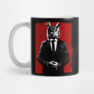 A man in a suit with an owl head Mug